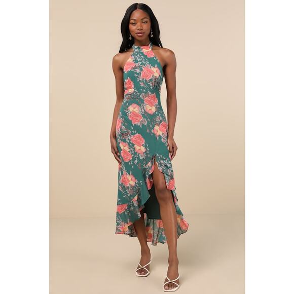 NWT Lulus Elegant Entrance Teal Green Floral Print Halter Maxi Dress High Low S - Picture 1 of 8